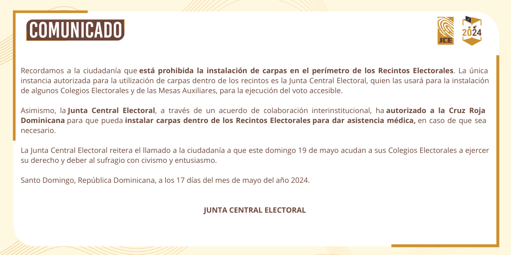 Comunicado sobre carpas dentro de recintos electorales