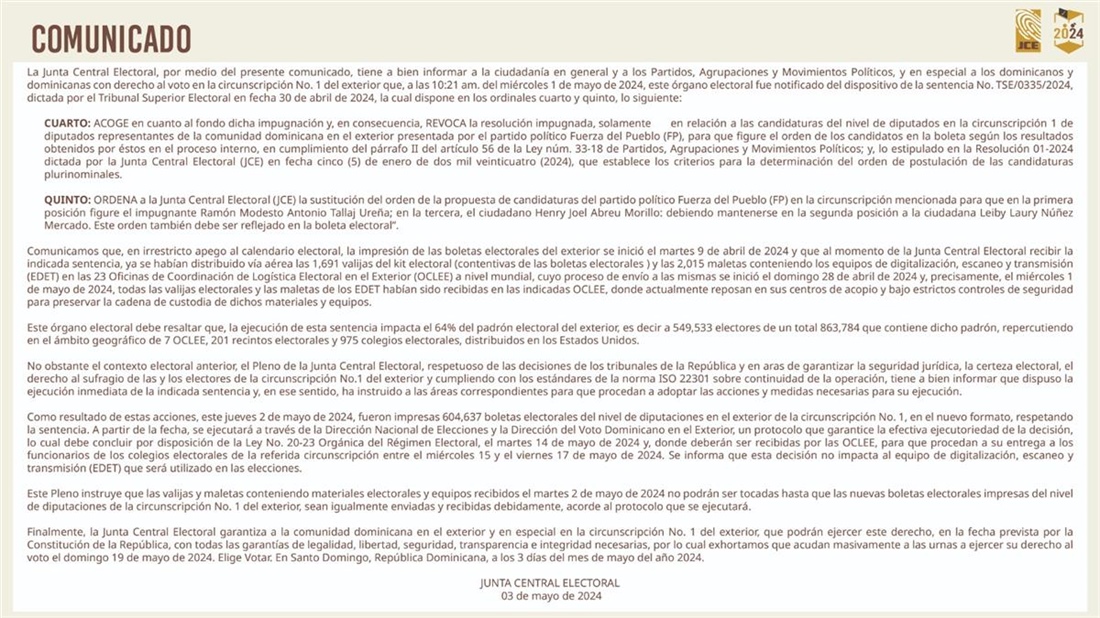 Comunicado sobre sentencia TSE/0335/2024, dictada por el Tribunal Superior Electoral