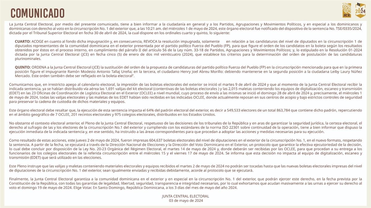 Comunicado sobre sentencia TSE/0335/2024, dictada por el Tribunal